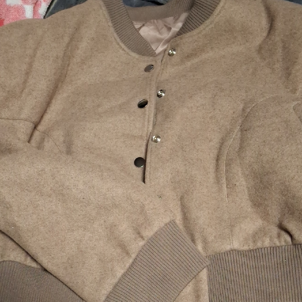 Womens Taupe Bomber Jacket – Classic Ribbed Trim